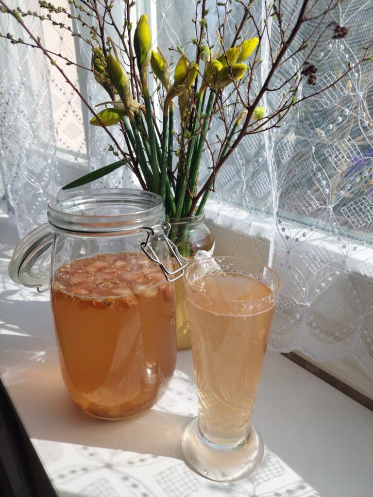 Jahodová heřmánková kvašená limonáda ve sklenici s ledem