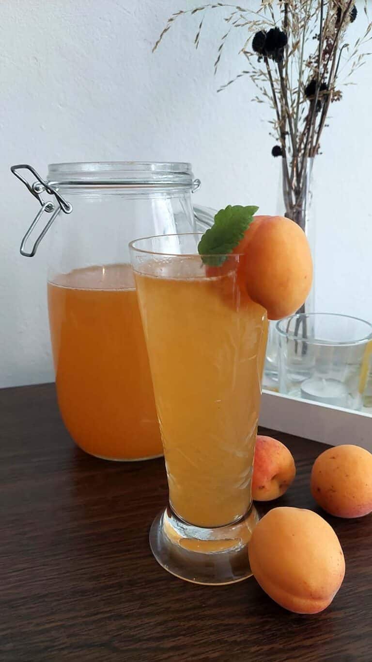 Meruňková kvašená limonáda ve sklenici s ledem a plátkem citronu